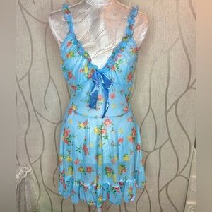 🎀🌷 Blue Orange & Yellow Floral Sheer Ruffle Night Dress Lingerie Set 🌷🎀 NWT